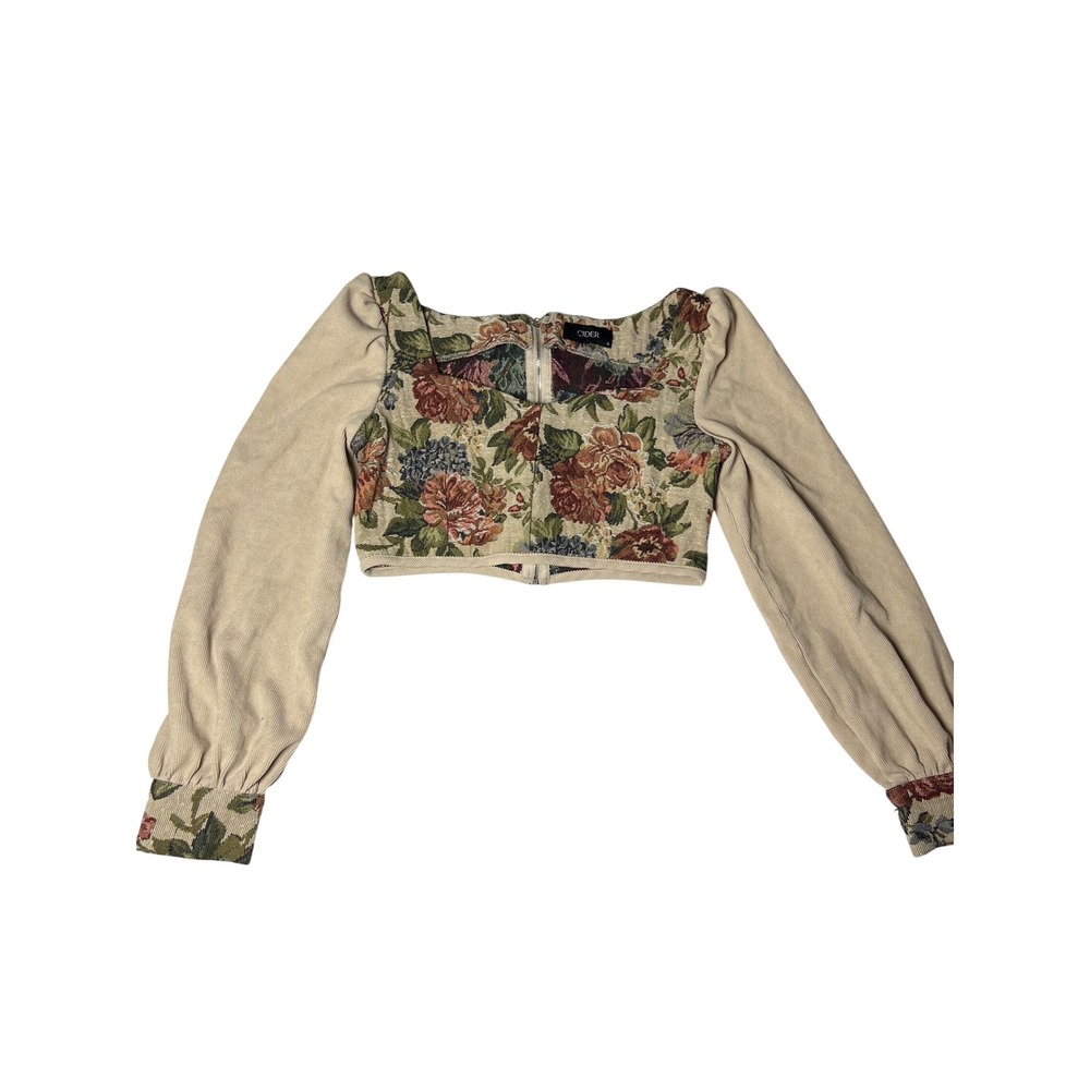 Cider Floral Tapestry Corset Crop Top Beige Long Sleeve Square Neck Small